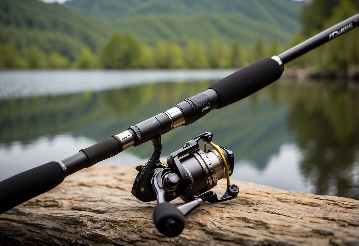 A fishing rod, Shimano 10' Clarus 5, lies against a backdrop of geocaching equipment. The rod is lightweight and sleek, perfect for outdoor adventures