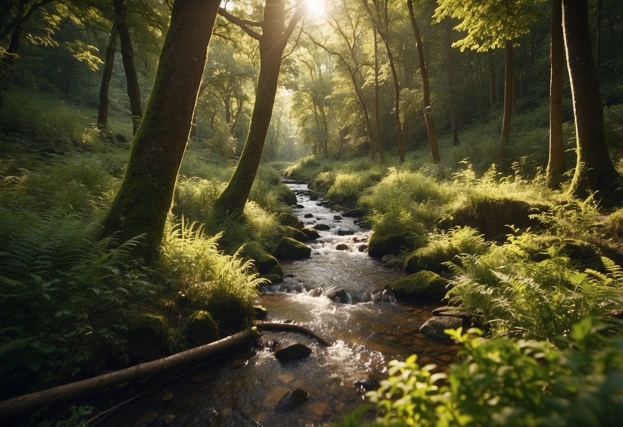 A sunny forest clearing with a meandering stream, where a lightweight geocaching rod is propped against a tree, surrounded by lush vegetation and wildlife