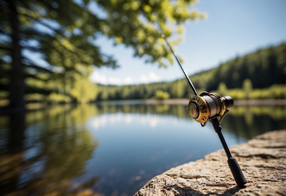 A bright, sunny day on the edge of a peaceful lake, with a Fenwick HMG Spinning Rod in the foreground and a geocaching adventure unfolding in the background