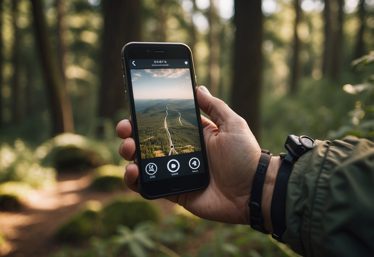 A hand holding a lightweight geocaching rod, surrounded by nature with a GPS device and hidden caches in the background