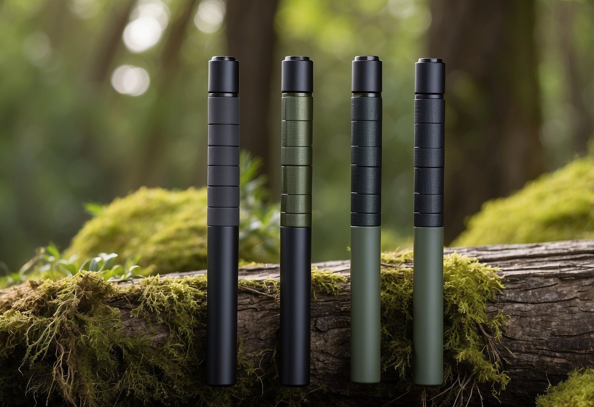 Five lightweight geocaching rods displayed with nature backdrop. Each rod features compact design and durable materials. Benefits include easy portability and precise navigation