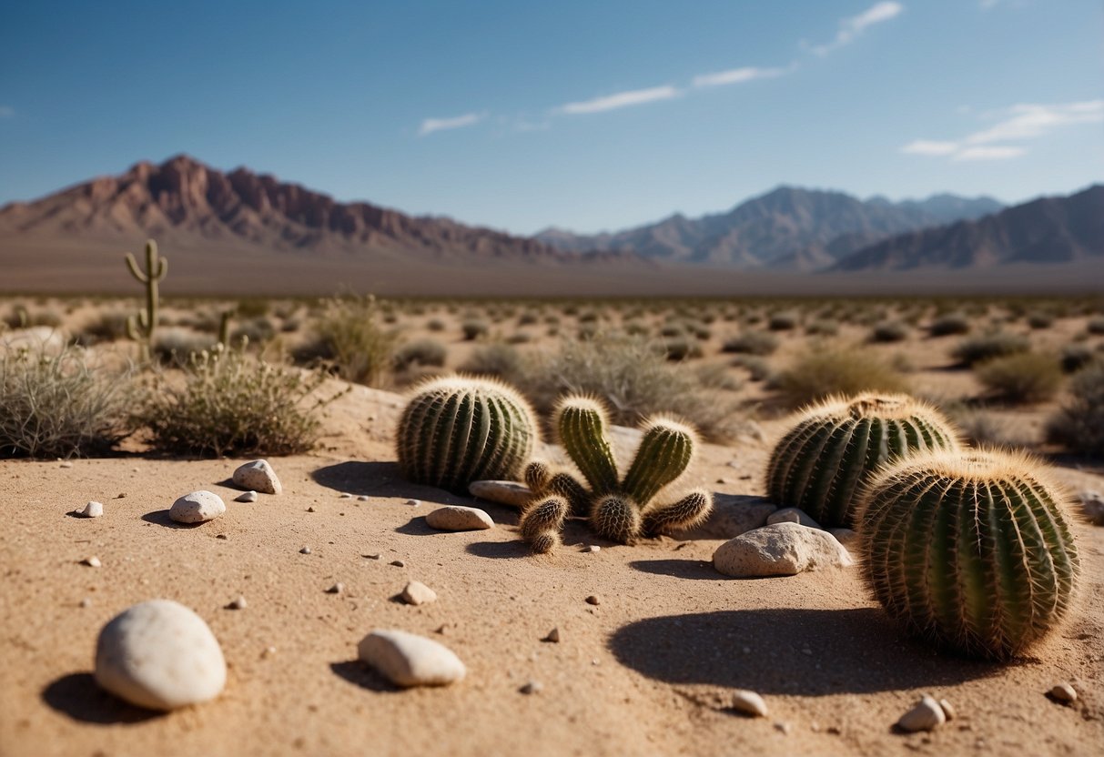 Sandy desert landscape with scattered rocks and cacti. Clear blue sky above with a few wispy clouds. GPS device or map in foreground