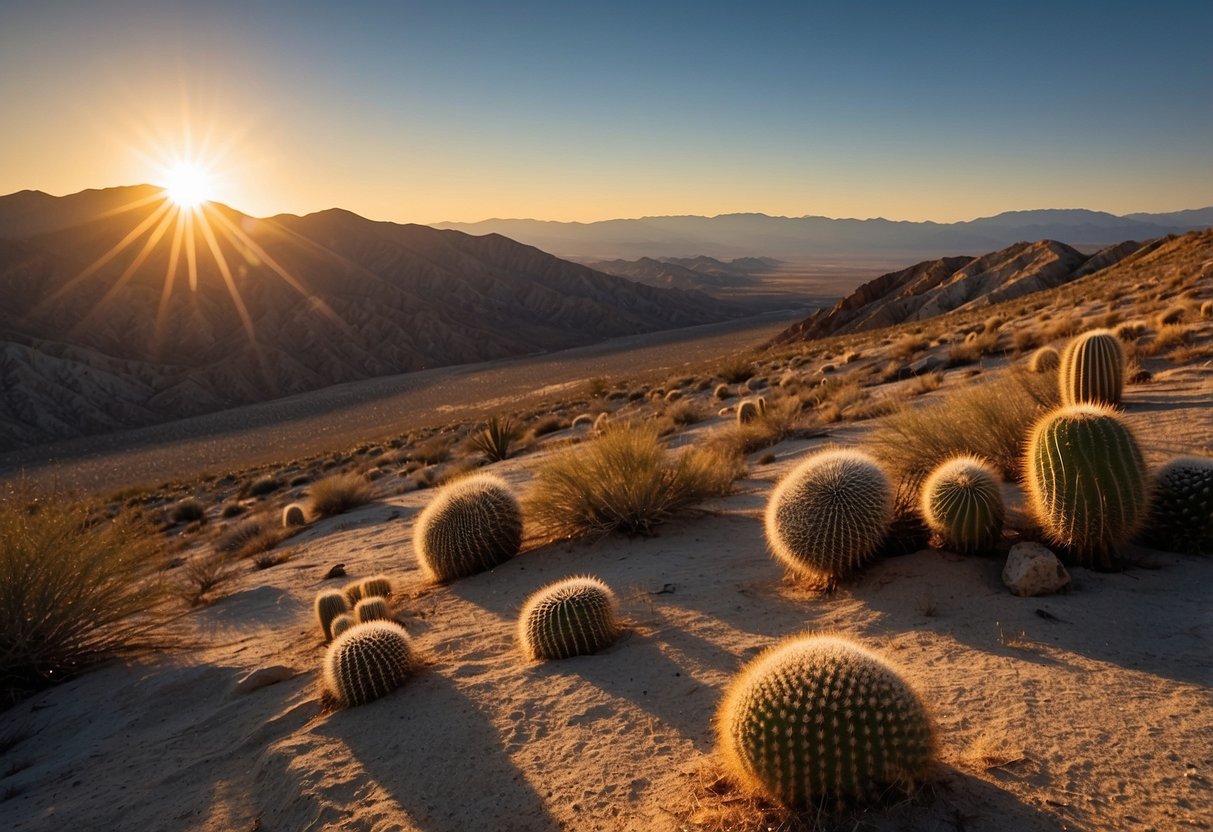 The sun sets over the rugged terrain of Anza-Borrego Desert State Park, casting long shadows across the vast expanse of sand and rock. Cacti and other desert plants dot the landscape, while distant mountains loom in the background