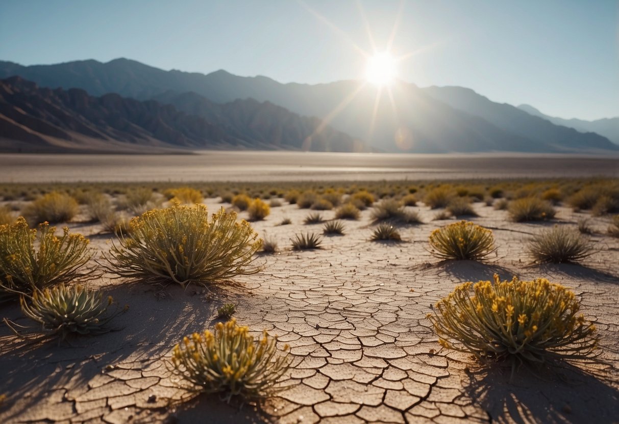 The sun beats down on the vast desert landscape of Death Valley National Park, with rugged mountains in the distance and sparse vegetation dotting the sandy terrain. Geocaching routes wind through the arid expanse, offering adventure seekers a chance to explore the