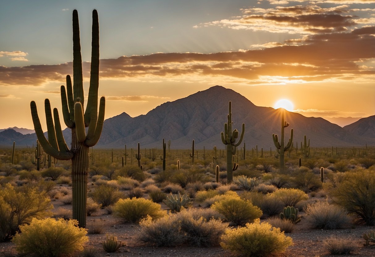 The sun sets over a vast desert landscape, with towering Saguaro cacti dotting the rugged terrain. A geocaching route winds through the arid expanse, offering adventure seekers a chance to explore the unique beauty of Saguaro