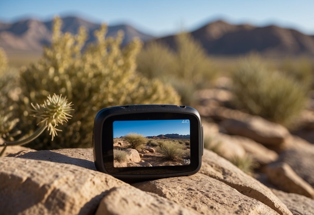 A desert landscape with rocky terrain, sparse vegetation, and clear blue skies. A GPS device and a hidden geocache container are placed among the rocks