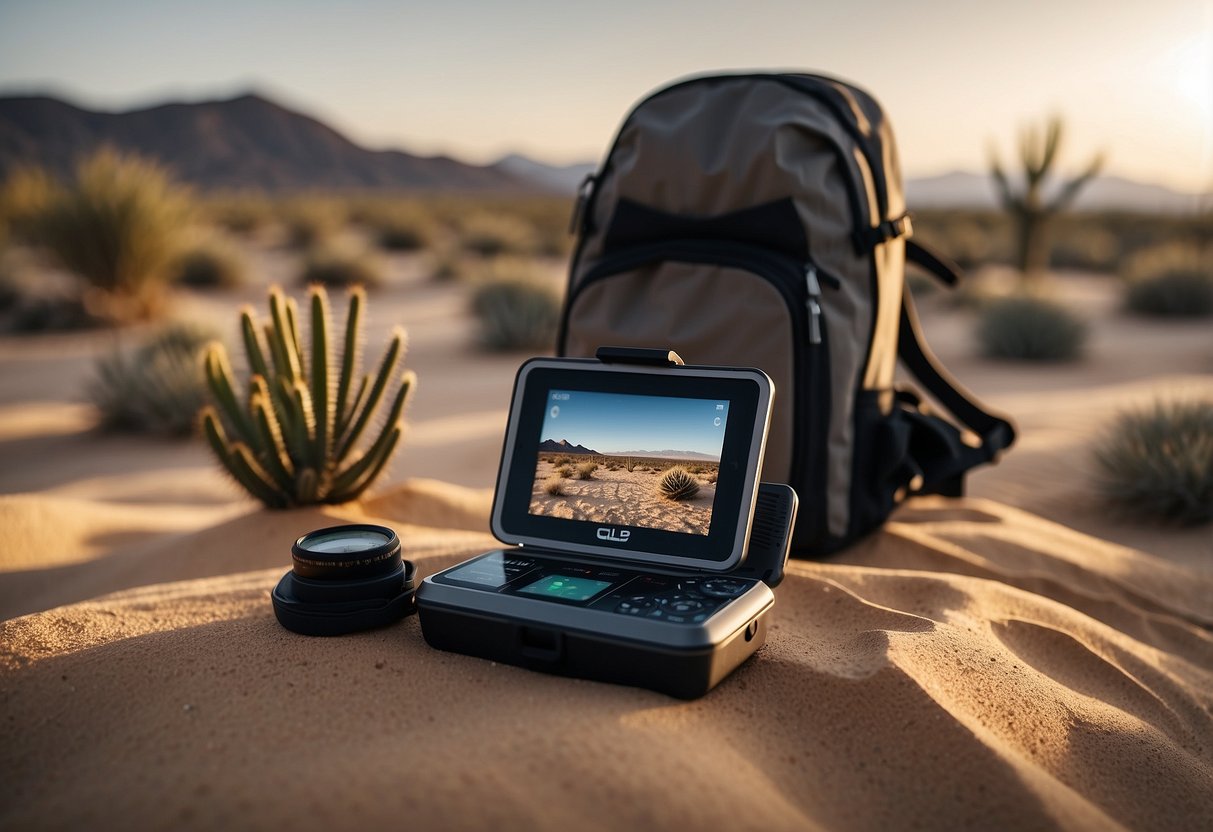 A desert landscape with rocky terrain, cacti, and sandy dunes. A GPS device and a compass are laid out on a map, with a backpack filled with supplies nearby