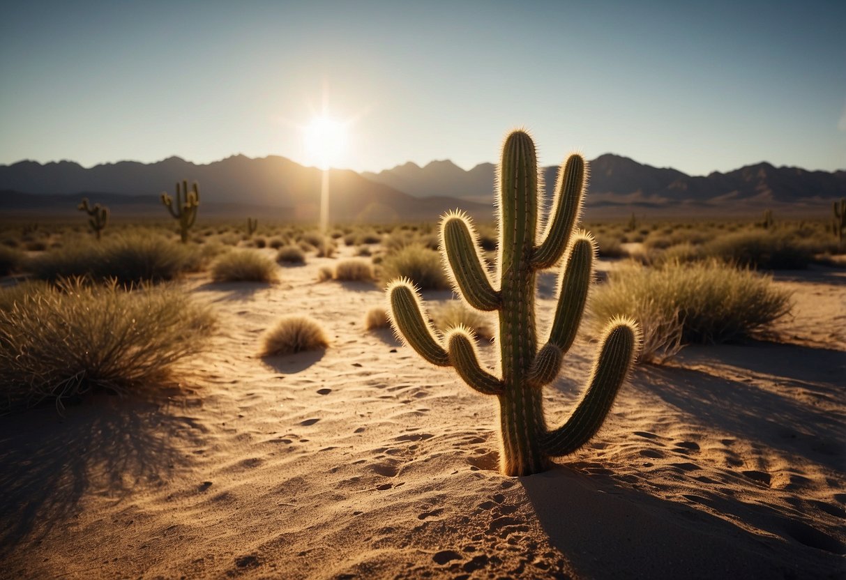 A lone cactus stands tall in the vast desert landscape, with a winding trail leading into the distance. The sun beats down on the arid terrain, casting long shadows across the sandy ground