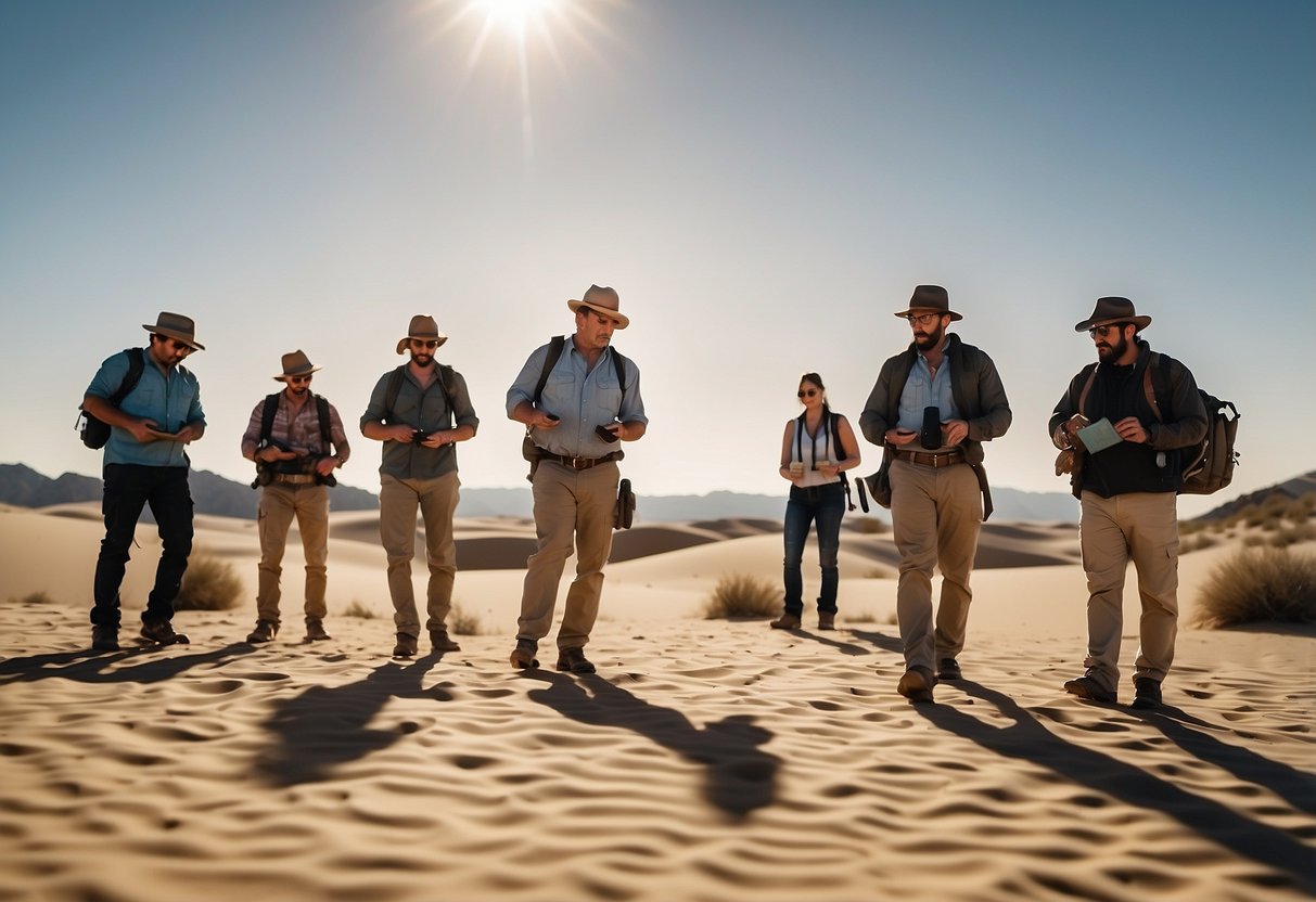 A group of geocachers spread out across a vast desert landscape, using GPS devices to search for hidden treasures. Sand dunes and rocky terrain stretch out in all directions, with the sun beating down from a clear blue sky