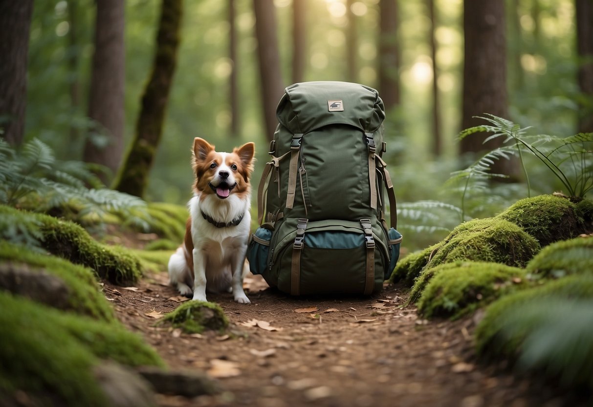 A sunny forest clearing with a diverse range of foliage, a hidden geocache nestled among rocks, a GPS device and a map, a happy dog, and a hiker's backpack with water and snacks