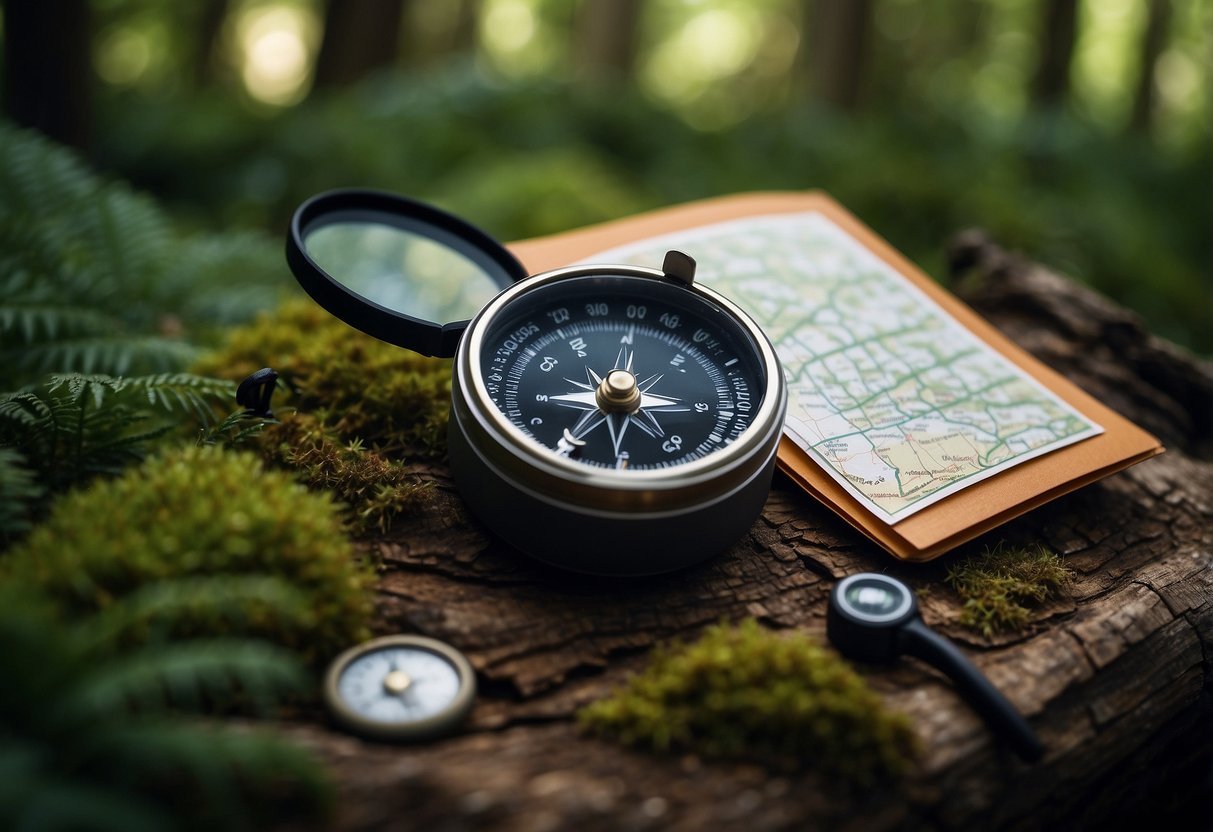 A compass pointing towards a hidden cache in a lush forest, with a map, GPS device, and a pen and logbook nearby