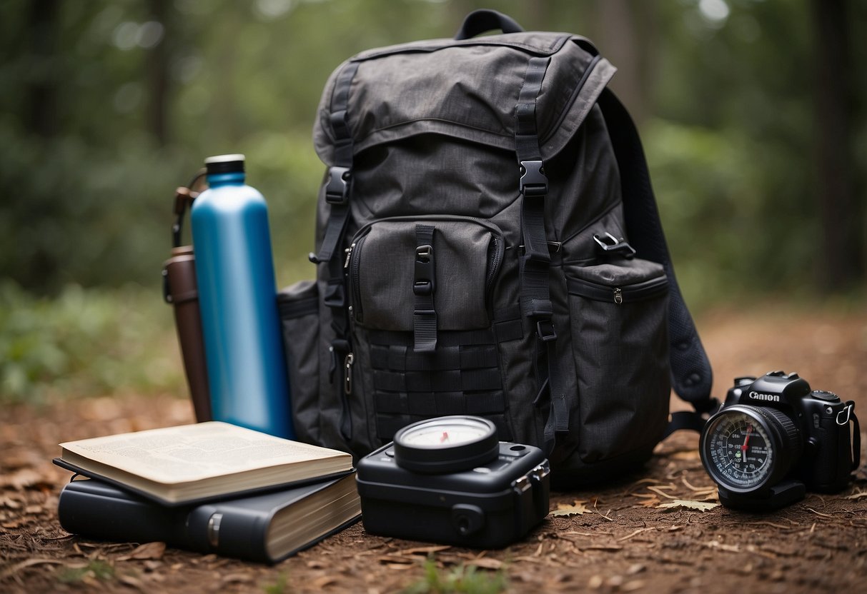 A backpack open on the ground, with a GPS device, compass, pen, notebook, and flashlight spilling out. A map and water bottle sit nearby