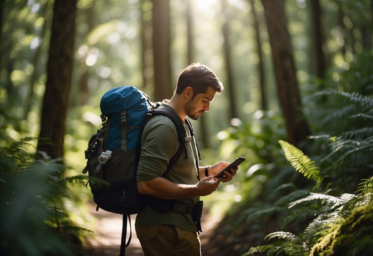 A sunny day in a lush forest, with a clear blue sky and a few fluffy white clouds. A geocacher is seen checking their GPS device with a backpack full of supplies