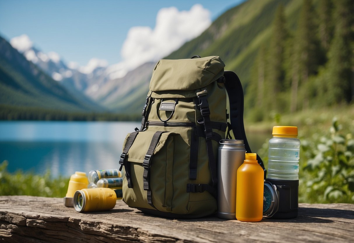 A backpack with a water bottle and snacks next to a map and compass, surrounded by nature and a geocache container hidden in the background