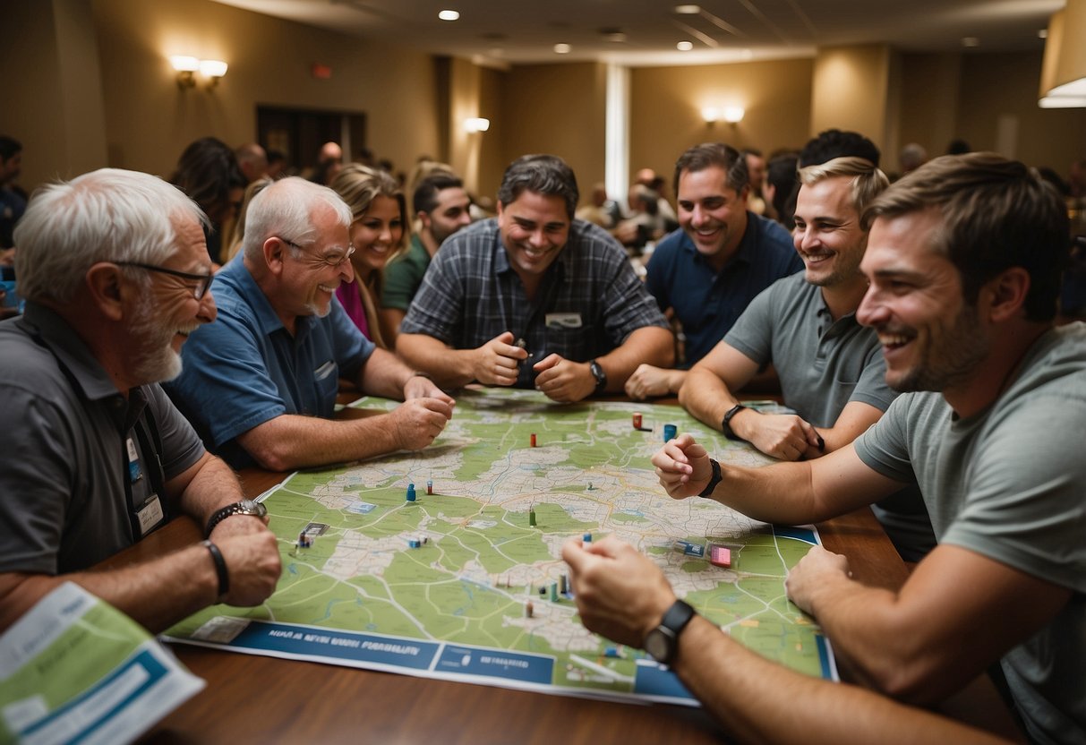 Geocaching groups and forums buzzing with activity, maps and GPS devices strewn across the table. Smiling faces and excited chatter fill the room as members share tips and plan their next adventure