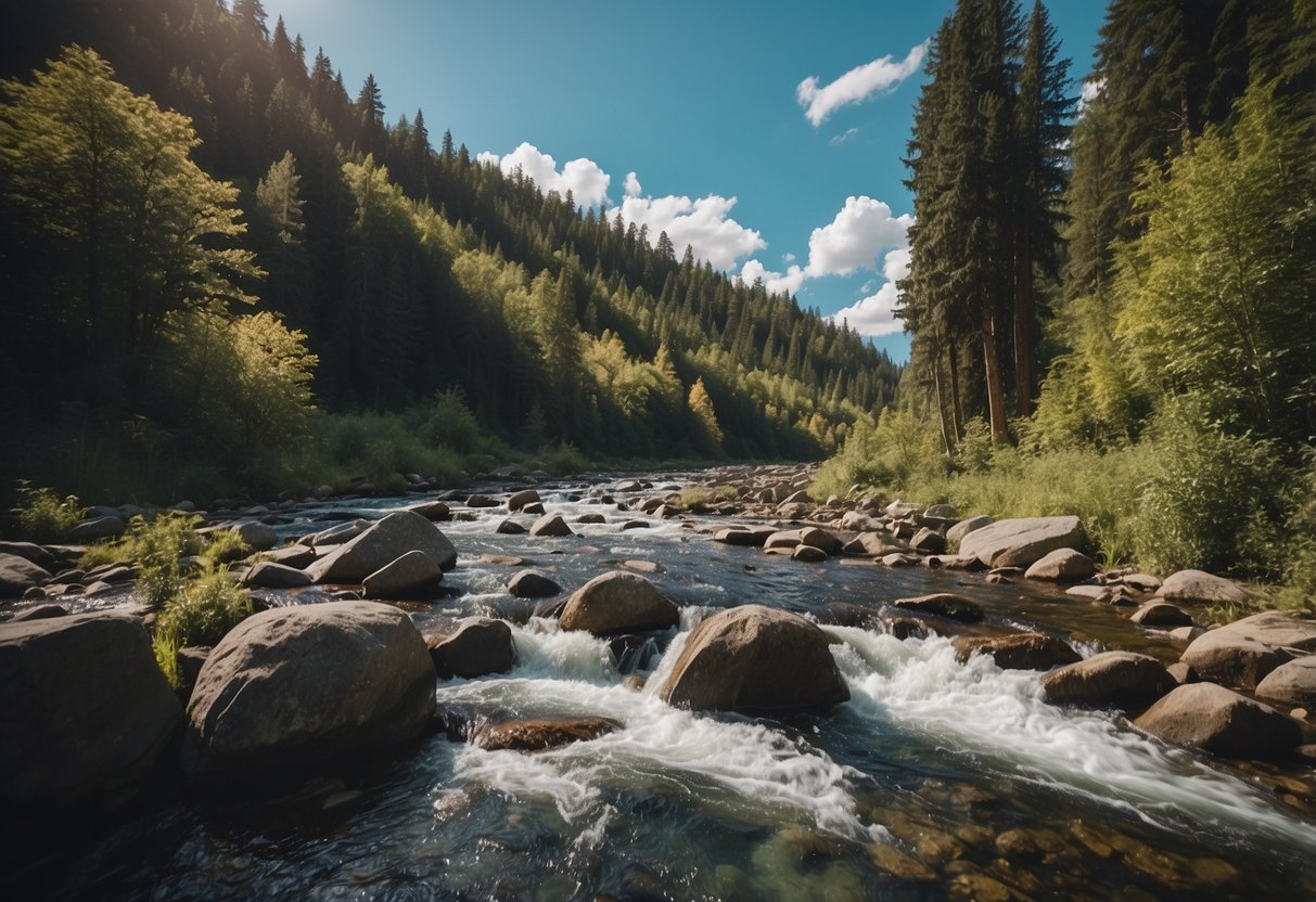 Lush forest with diverse wildlife, a flowing river, and a geocacher searching for hidden treasures among the trees and rocks