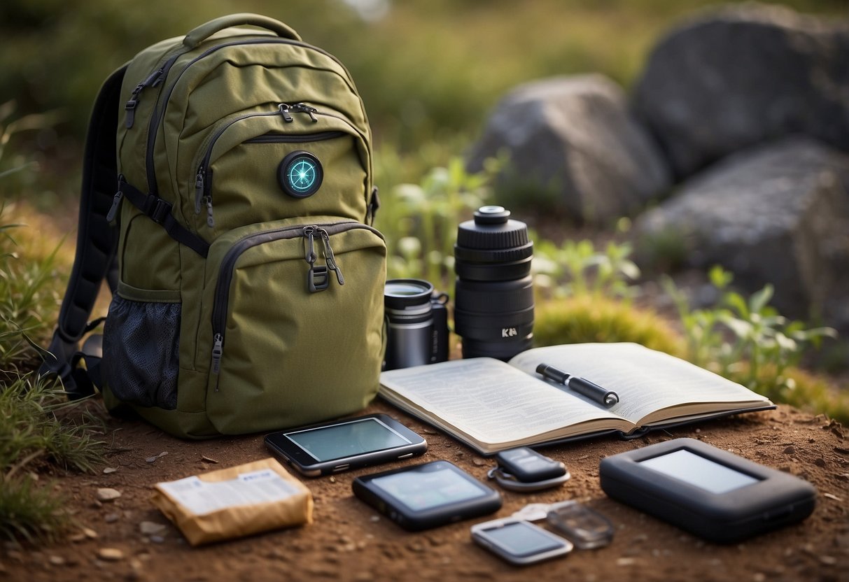 A backpack open on the ground with a GPS device, compass, water bottle, snacks, and a notebook with a pen. A map and a magnifying glass are also laid out beside the gear