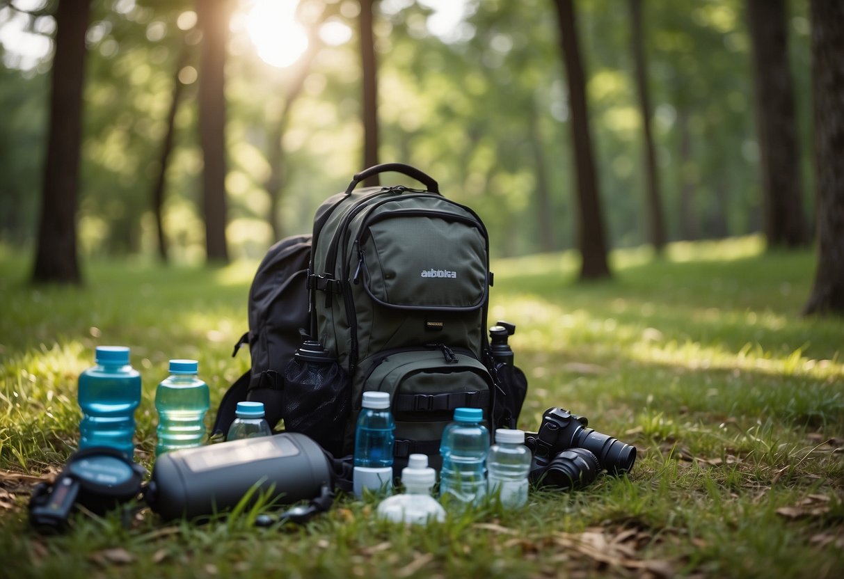 A backpack with 5 hydration systems, including water bladders and bottles, laid out on a grassy clearing surrounded by trees and a GPS device nearby