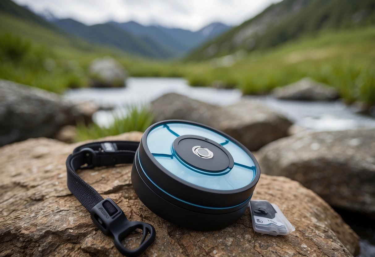 The HydraPak Shape-Shift Reservoir is being filled with water, surrounded by geocaching gear and a scenic backdrop