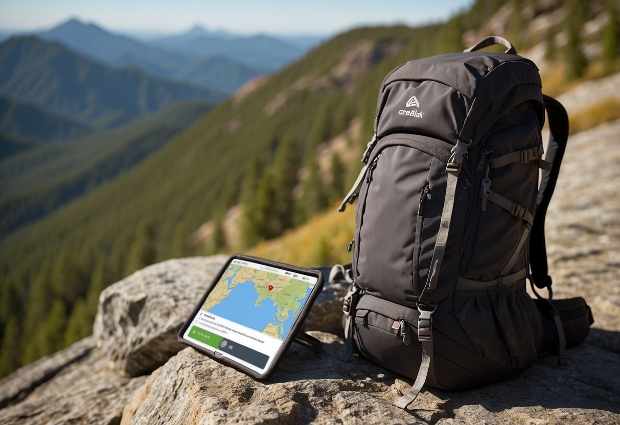 A backpack with CamelBak Crux Reservoir sits next to a GPS device and a map on a rocky trail. Surrounding trees and a distant mountain peak indicate a remote geocaching location