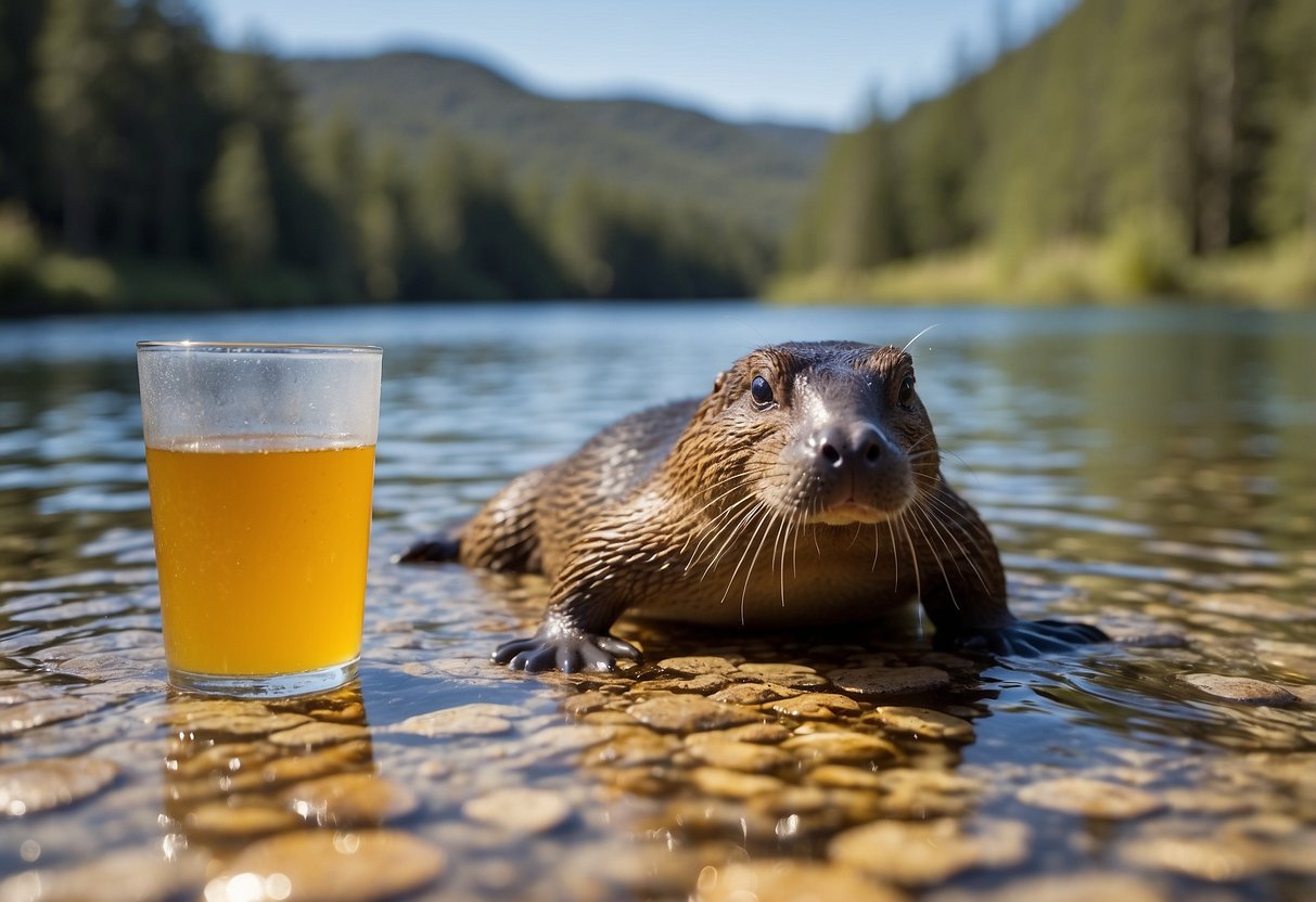 A platypus drinks from a reservoir while surrounded by 5 hydration systems, perfect for geocaching trips