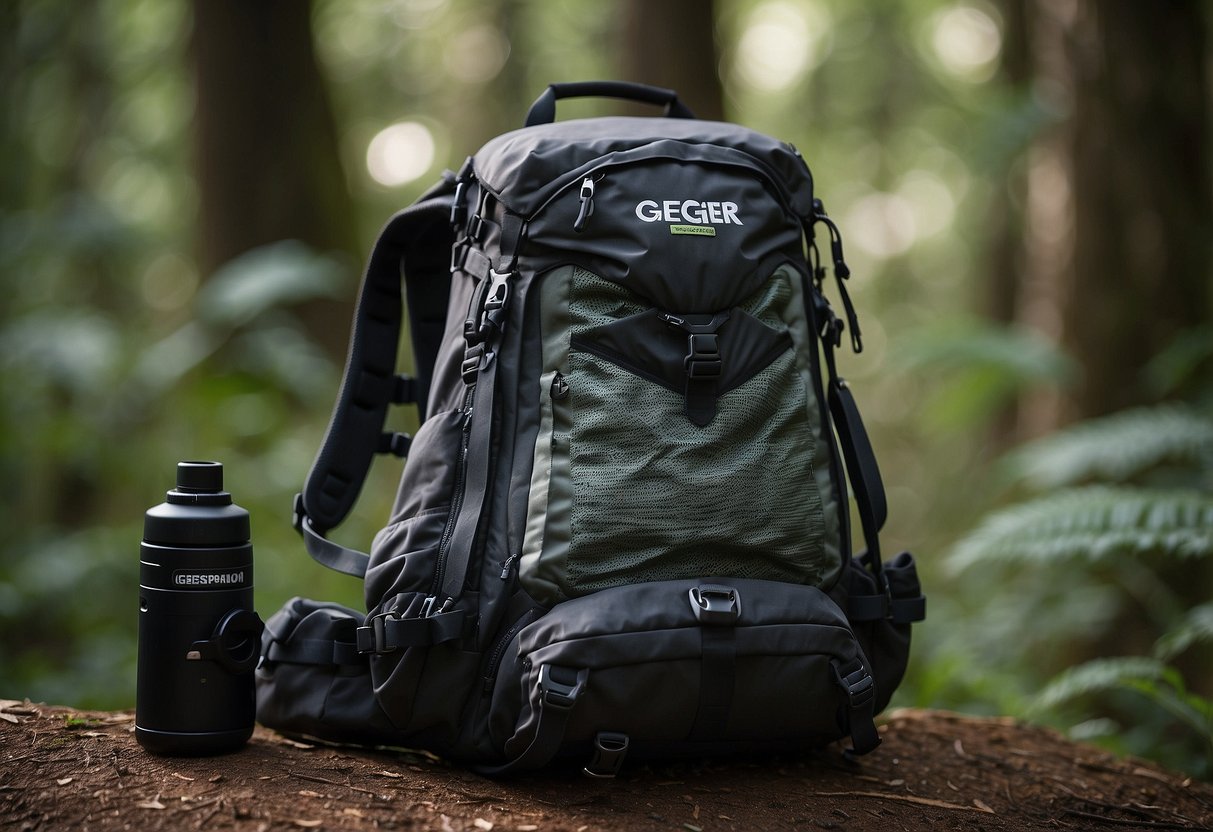 A Geigerrig Pressurized Hydration Engine sits on a backpack, surrounded by geocaching gear in a lush forest setting