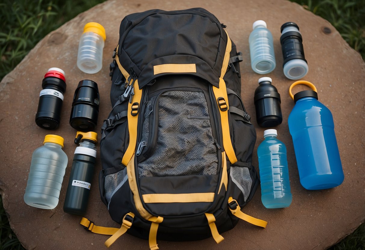 A geocacher's backpack with hydration systems, water bottles, and a hydration pack laid out on a table, ready for a trip