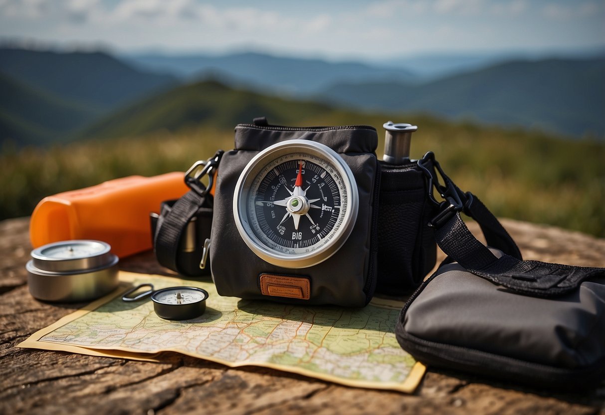 A table displaying a compass, map, whistle, headlamp, waterproof bag, first aid kit, and other essential gear for orienteering