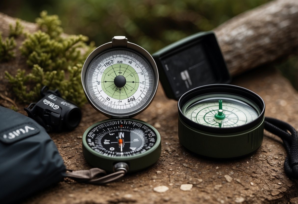 A Silva Ranger 2.0 compass sits atop a map, surrounded by essential gear items for beginner orienteers such as a headlamp, water bottle, and first aid kit