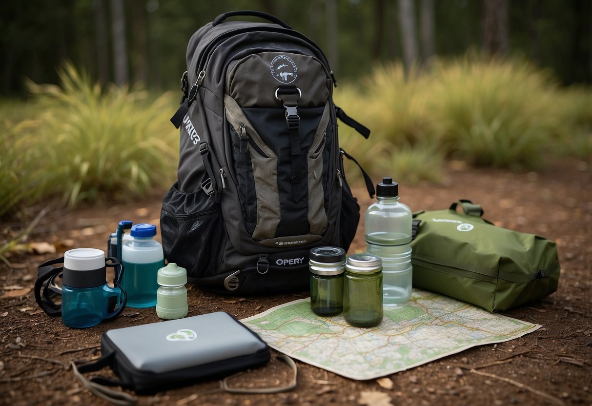 A Osprey Talon 22 backpack lies open on the ground, surrounded by a compass, map, water bottle, first aid kit, and other essential orienteering gear