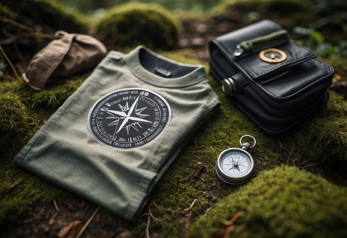 A Columbia Silver Ridge Lite Shirt lies next to a compass, map, and other orienteering gear on a mossy forest floor