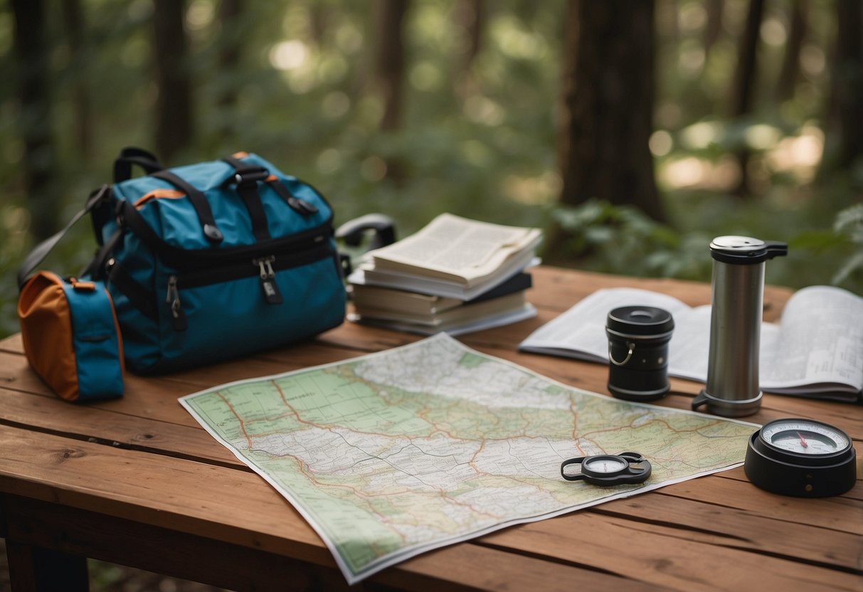 A table with orienteering maps, compass, whistle, and other essential gear items laid out. A beginner orienteer studies the maps with a guidebook open nearby