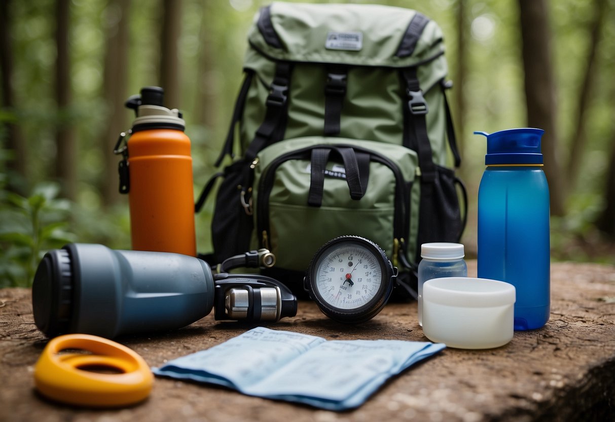 A table displaying essential orienteering gear: compass, map, whistle, headlamp, water bottle, first aid kit, sturdy shoes, backpack, and sunscreen