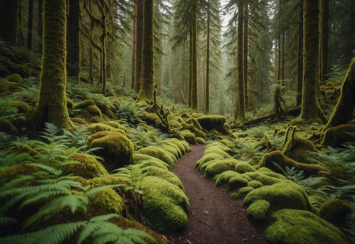 Lush forest with moss-covered trees, winding trails, and distant mountains in Olympic National Park, Washington