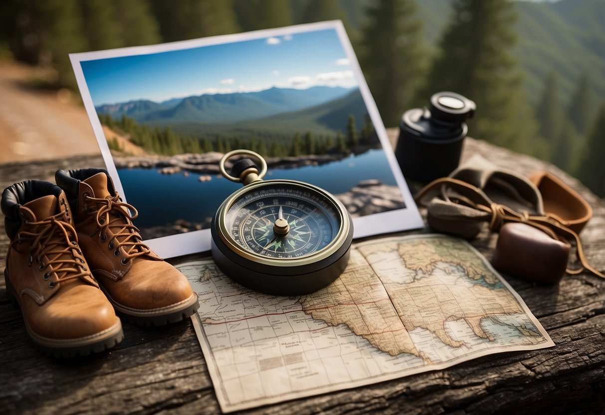 A table displaying compass, map, and hiking boots. Background shows national park landscapes