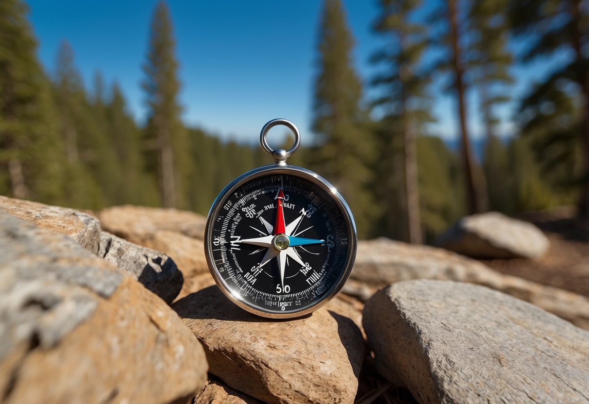 A compass pointing north, map spread out on the ground, trees and rocks in the background, a trail leading into the distance, and a clear blue sky overhead