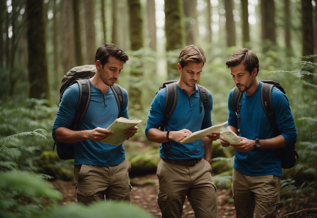 A group of orienteering club members navigate through a dense forest, using compasses and maps to find hidden checkpoints. They move swiftly, carefully plotting their course and communicating with each other