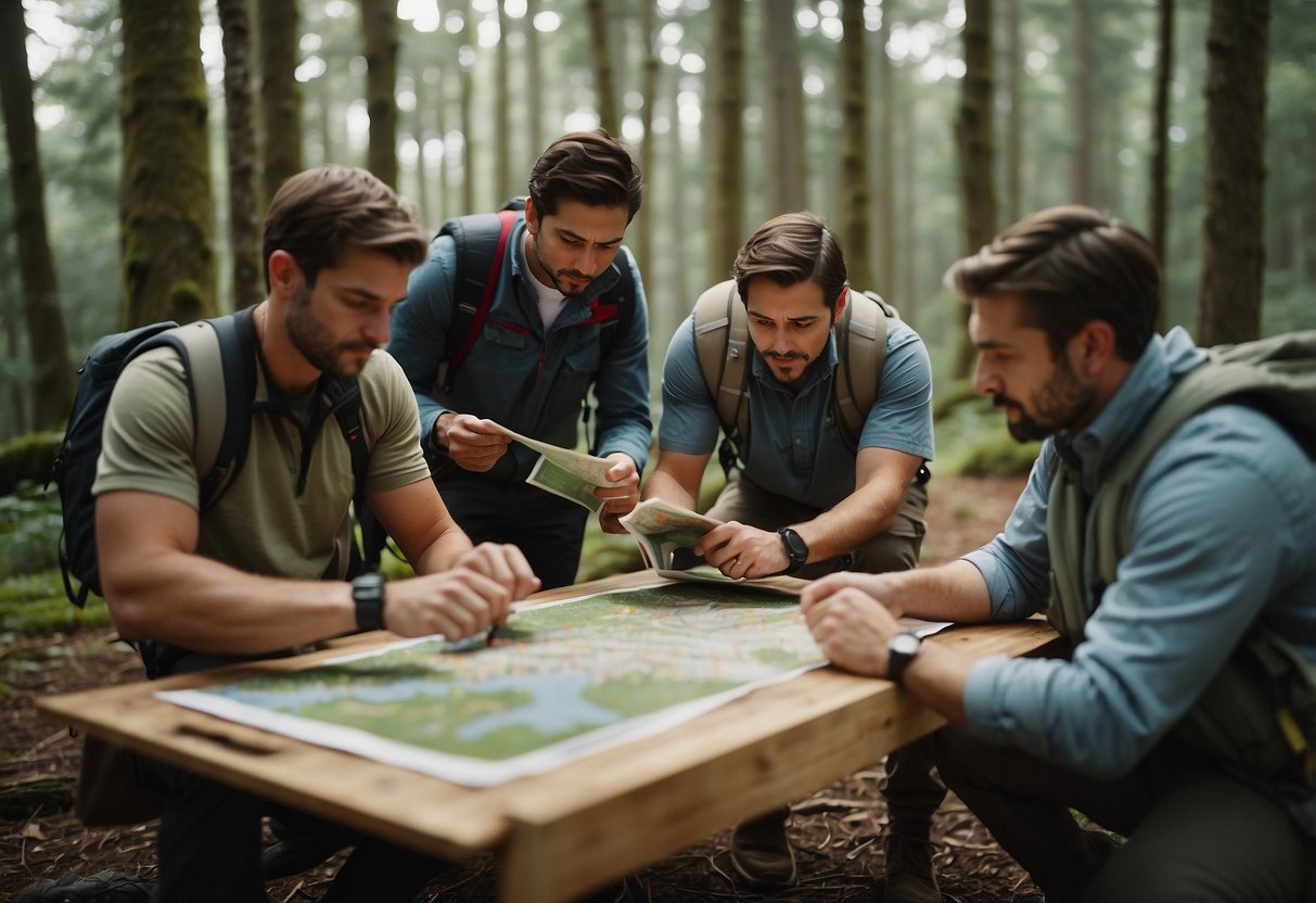 A group of people gather at a local event, navigating through a wooded area with maps and compasses. They focus on improving their orienteering skills, carefully plotting their course and searching for markers hidden in the landscape