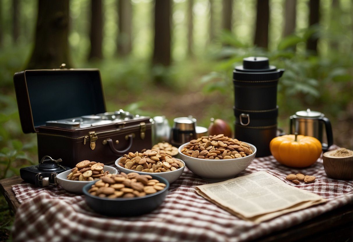 A variety of snacks arranged on a checkered picnic blanket in a lush forest clearing, with a compass and map nearby. The snacks include trail mix, granola bars, fruit, and nuts