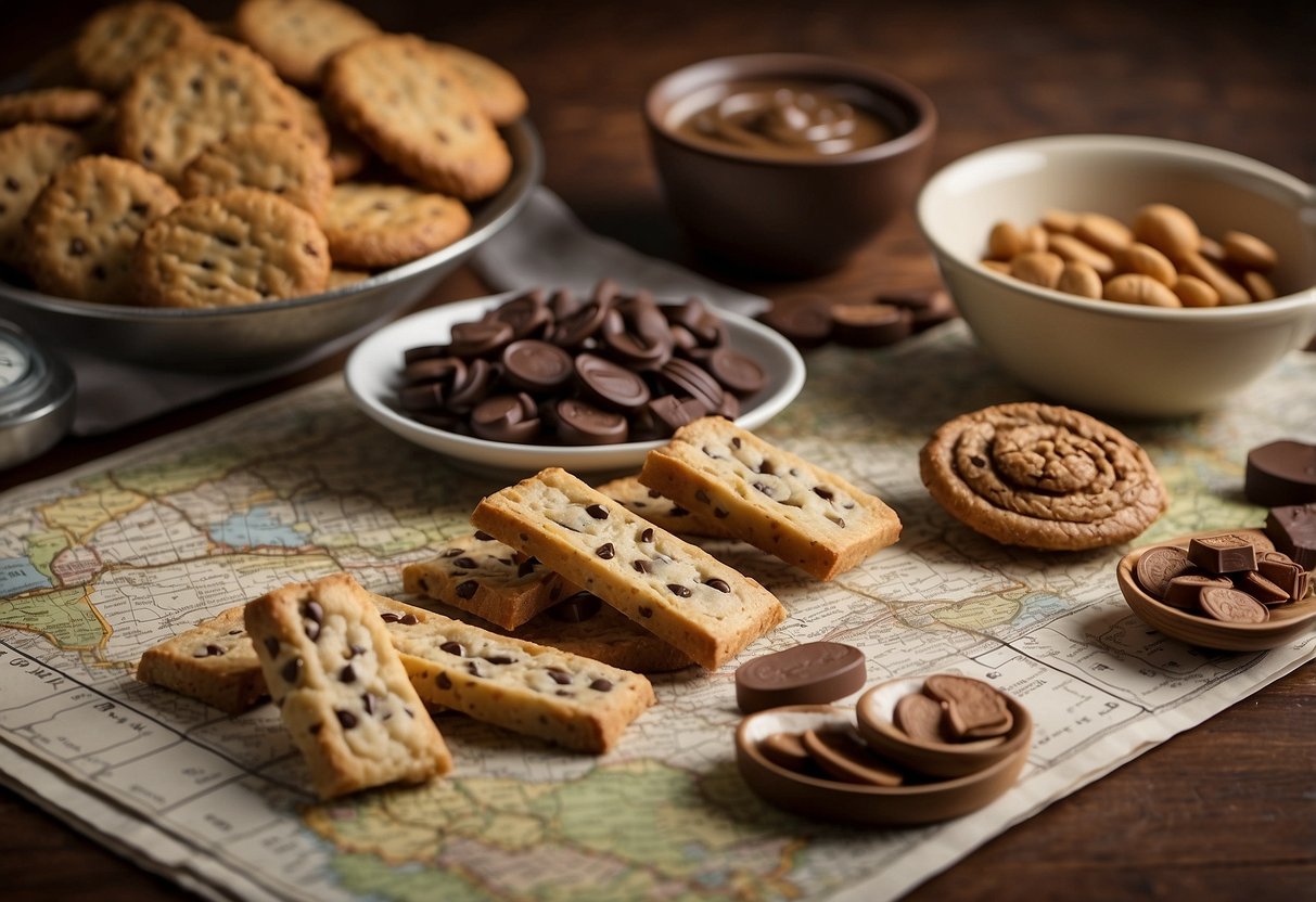 A table with a variety of snacks, including Clif Bar Chocolate Chip, is laid out in front of a map and compass