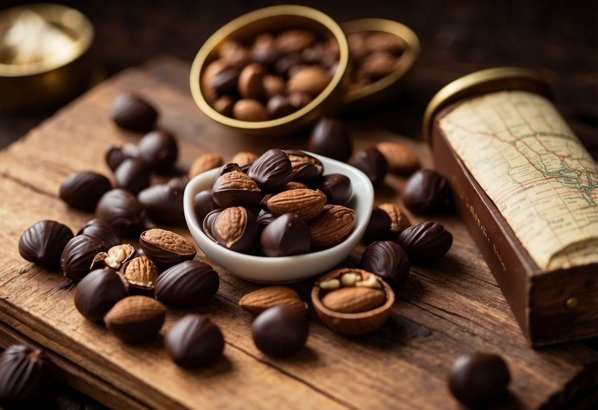 A pile of dark chocolate-covered nuts and sea salt sits on a rustic wooden table, surrounded by a map, compass, and hiking gear