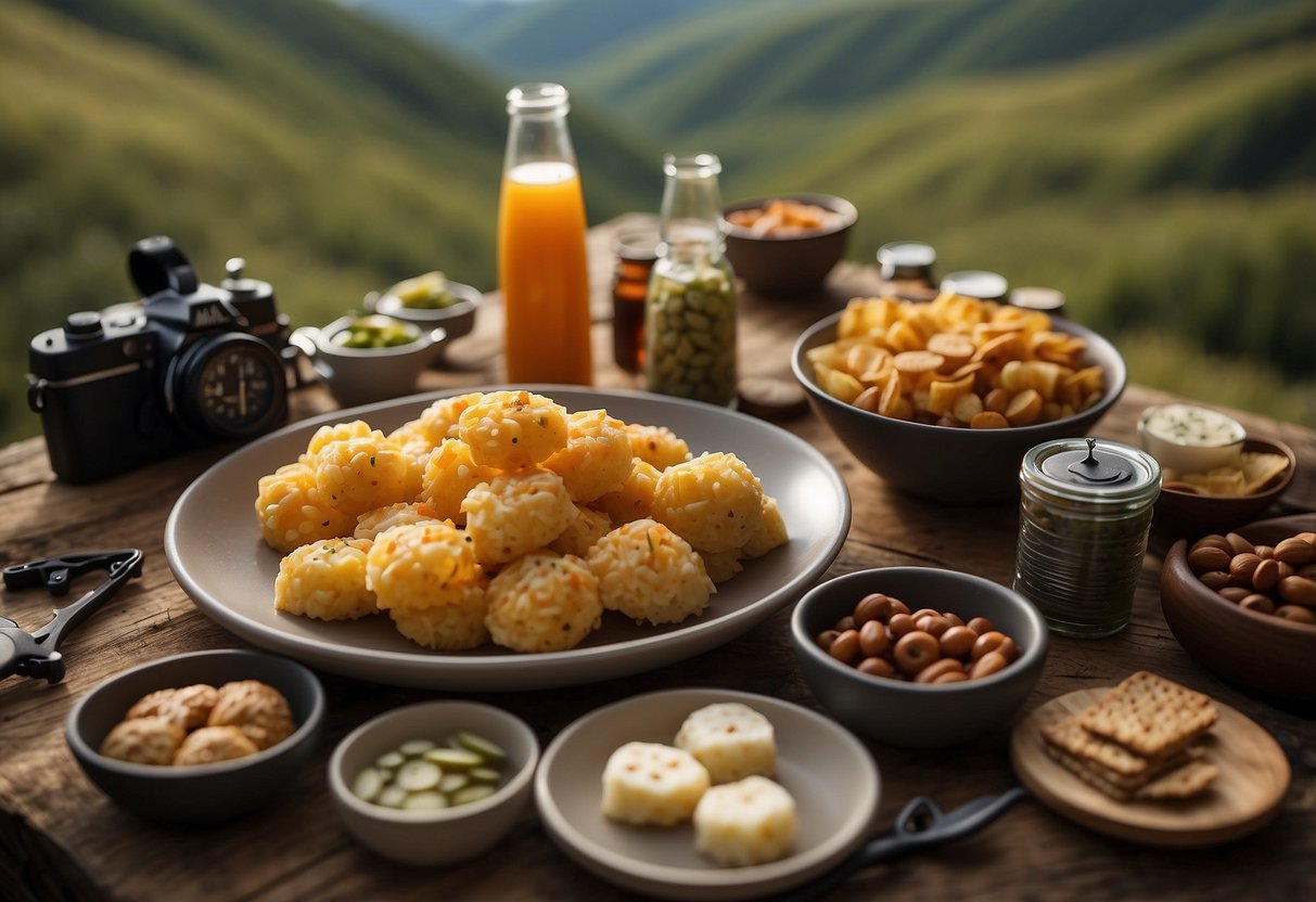 A table with a variety of snacks laid out, including cheddar cheese rice cakes, surrounded by a map, compass, and hiking gear