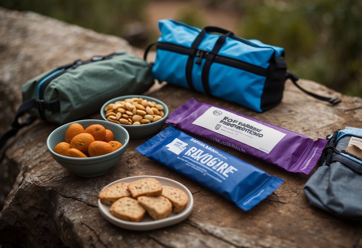 A colorful RXBAR Blueberry Protein Bar sits among 10 assorted snacks on a rustic map, compass, and backpack, ready for an orienteering trip