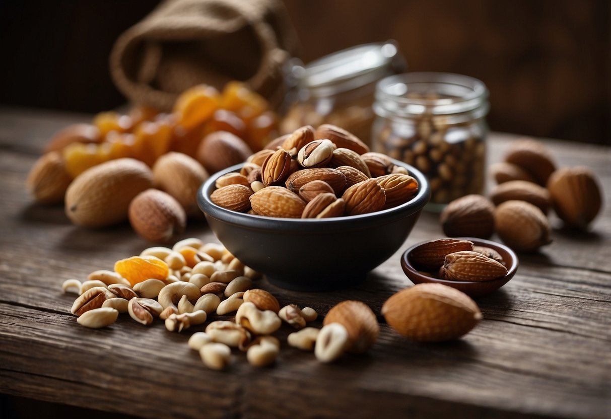 A variety of nuts, seeds, and dried fruits are scattered across a rustic wooden table, with a backpack and map in the background