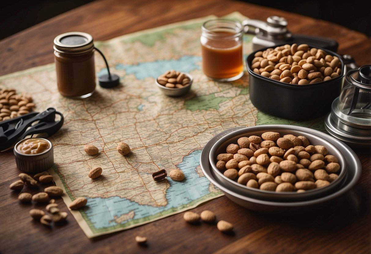 A table spread with 10 LARABAR Peanut Butter Chocolate Chip snacks, surrounded by a map, compass, and hiking gear