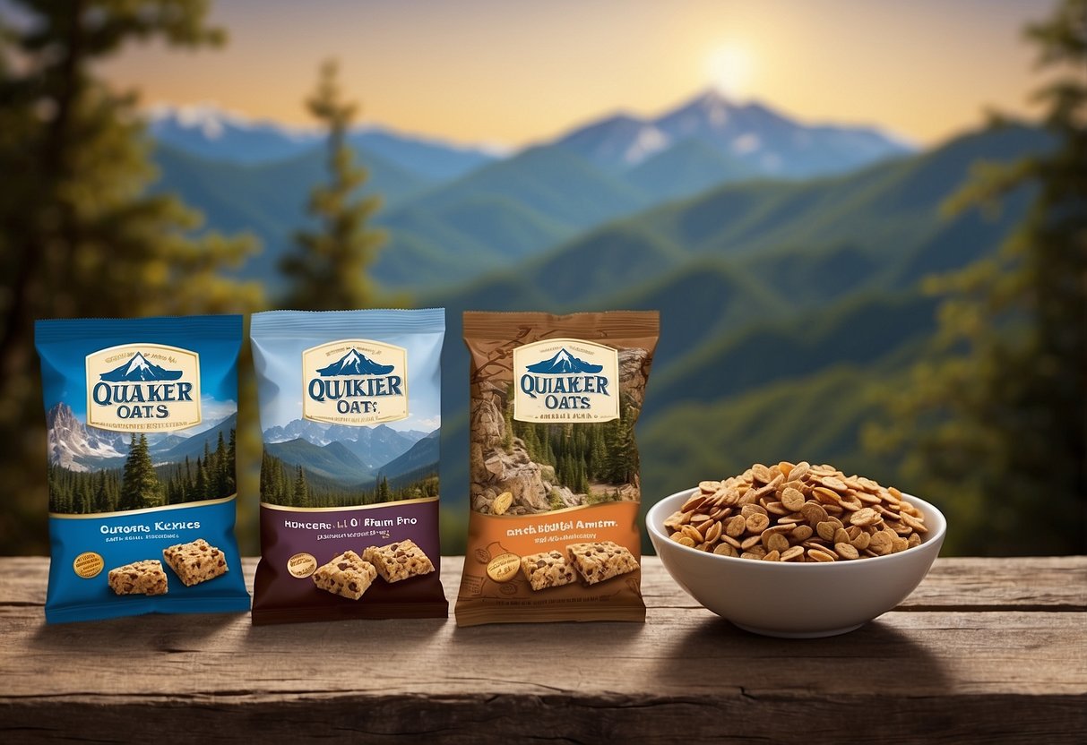 A table displays Quaker Oats Granola Bars in various flavors, surrounded by a compass, map, and backpack. Trees and mountains are visible in the background