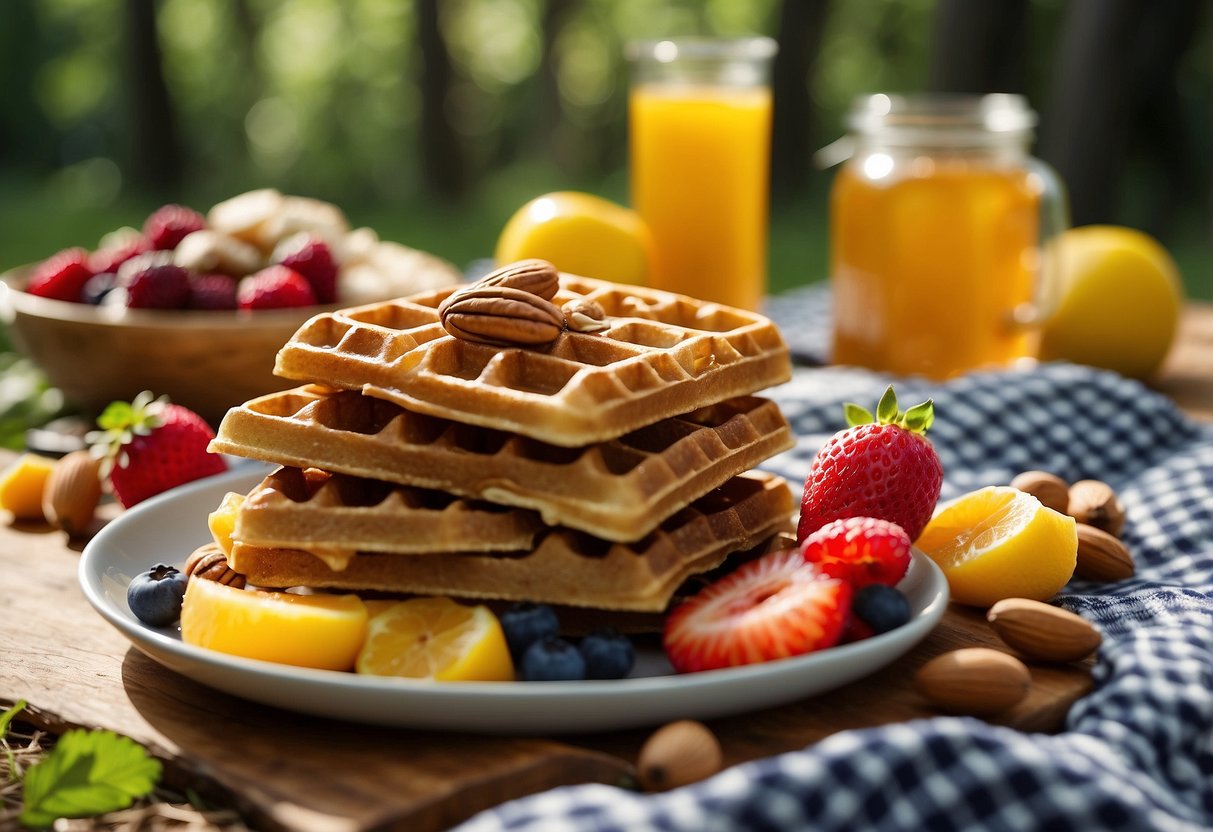 A colorful assortment of Honey Stinger Organic Waffles, nuts, and fruits laid out on a checkered picnic blanket in a lush forest clearing