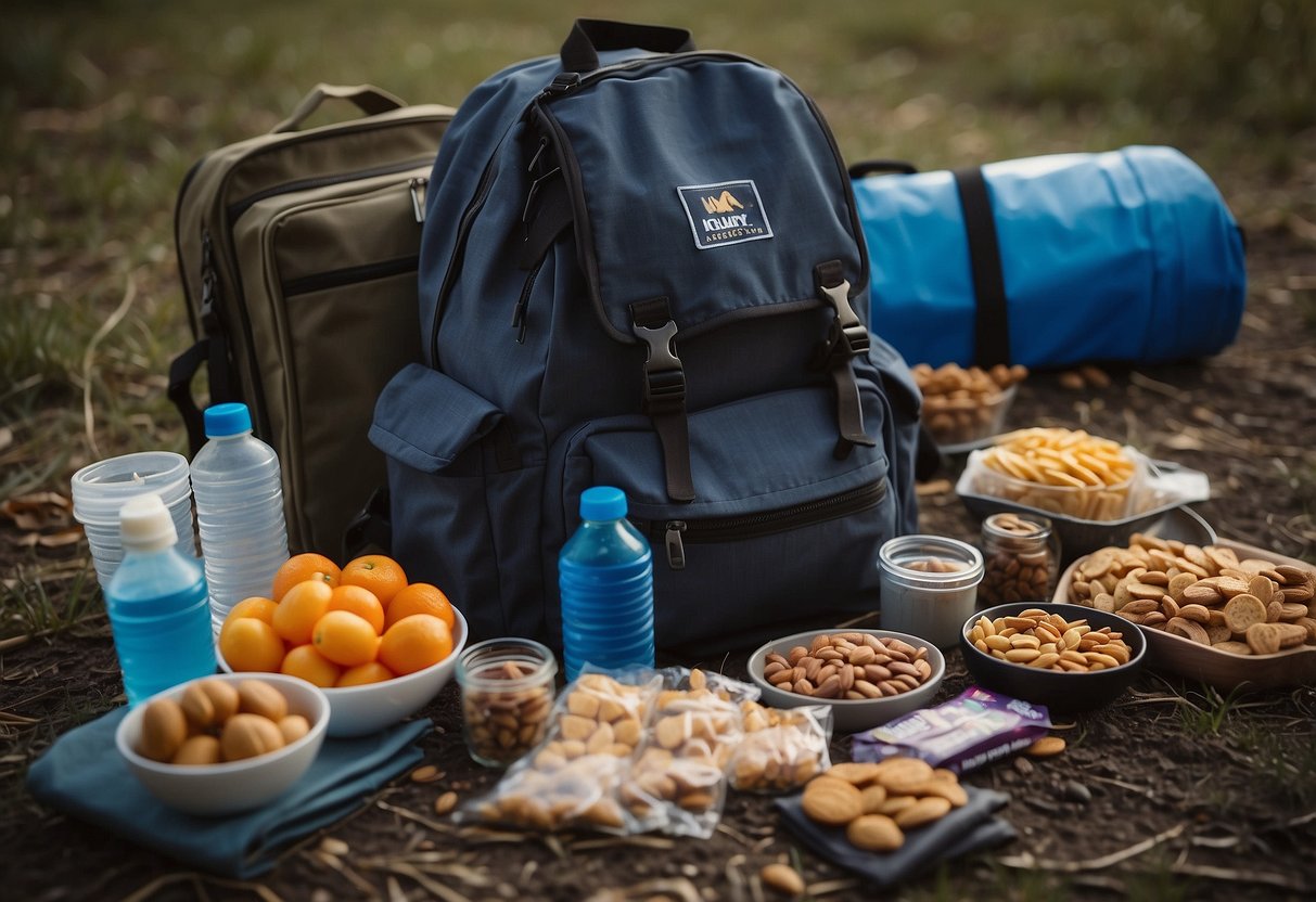 A backpack open on the ground, filled with various snacks like nuts, dried fruit, energy bars, and water bottles. A map and compass are laid out next to the snacks