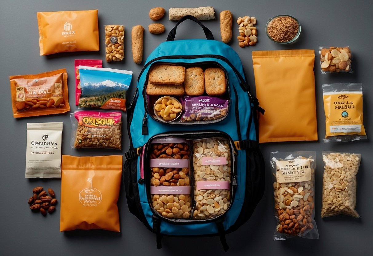 A colorful array of snack packages arranged neatly in a backpack, surrounded by a compass, map, and hiking gear. The snacks include granola bars, trail mix, and dried fruit, ready for an orienteering trip