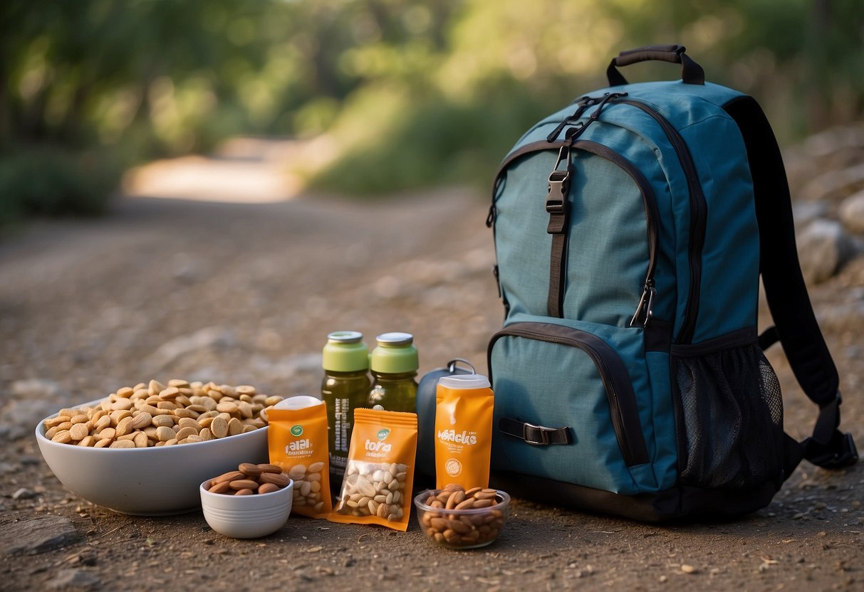 A backpack open on the ground, filled with various snacks such as granola bars, trail mix, and dried fruit. A water bottle and a small cooler are nearby to keep the snacks fresh during the trip